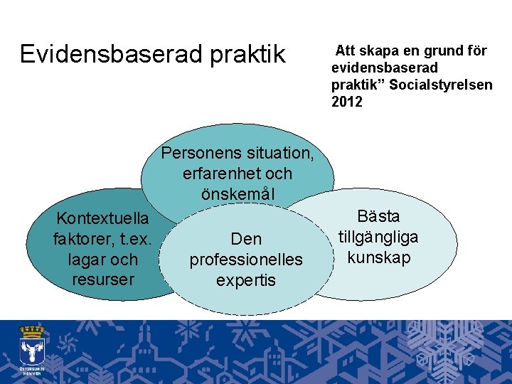 Evidensbaserad praktik ”Att skapa en grund för evidensbaserad praktik” Socialstyrelsen 2012 Personens situation, erfarenhet