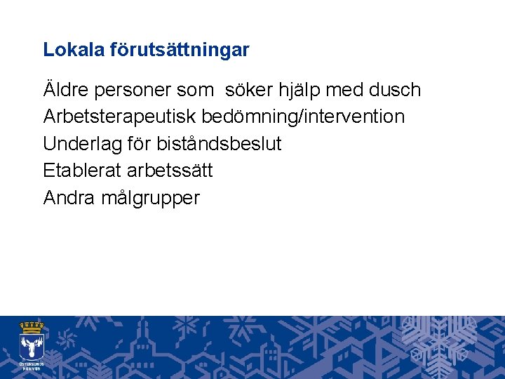 Lokala förutsättningar Äldre personer som söker hjälp med dusch Arbetsterapeutisk bedömning/intervention Underlag för biståndsbeslut