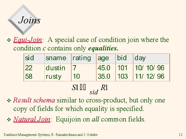 Joins v Equi-Join: A special case of condition join where the condition c contains