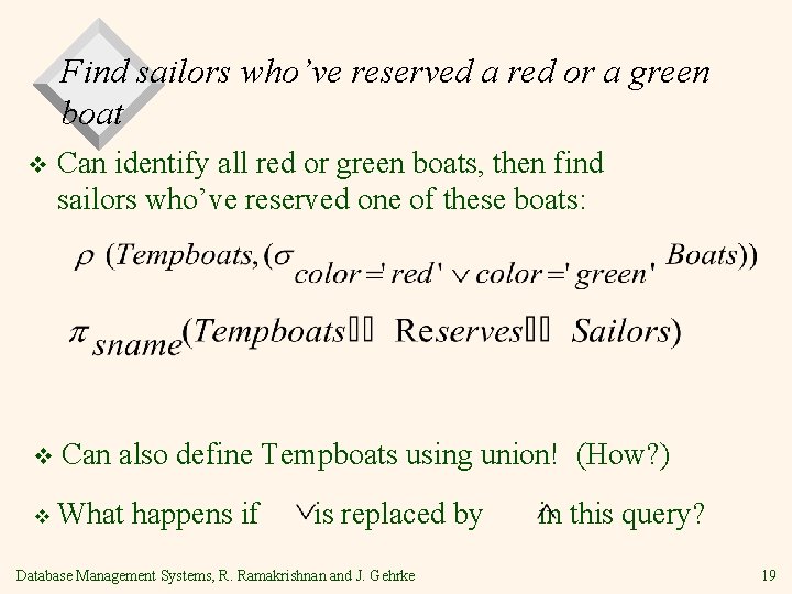 Find sailors who’ve reserved a red or a green boat v Can identify all