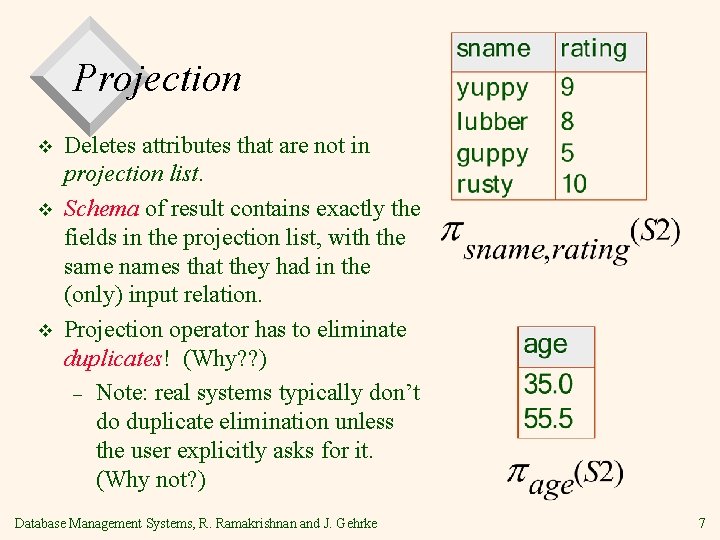 Projection v v v Deletes attributes that are not in projection list. Schema of