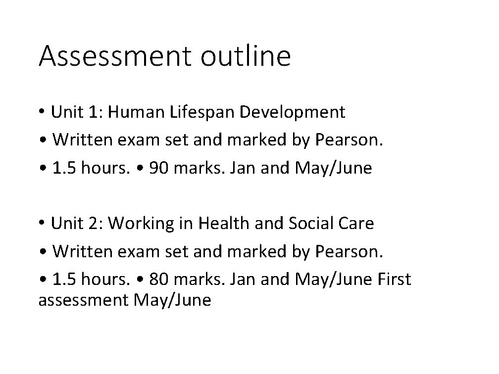 Assessment outline • Unit 1: Human Lifespan Development • Written exam set and marked