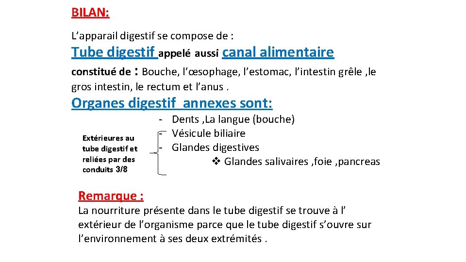 BILAN: L’apparail digestif se compose de : Tube digestif appelé aussi canal alimentaire constitué