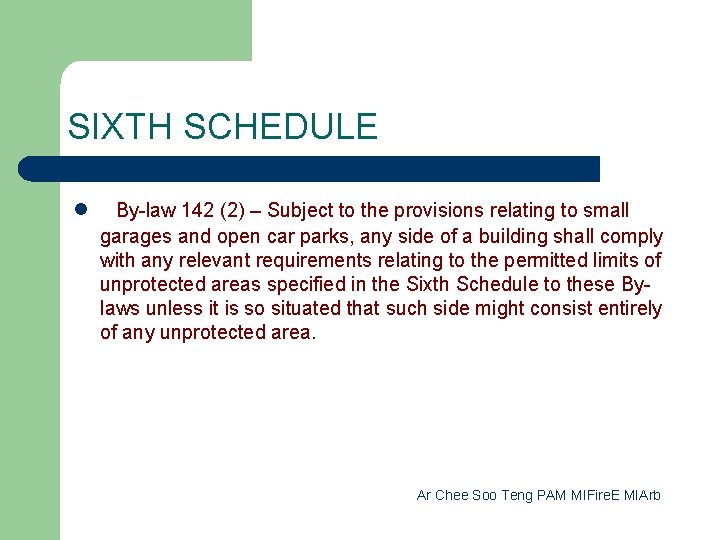 SIXTH SCHEDULE l By-law 142 (2) – Subject to the provisions relating to small