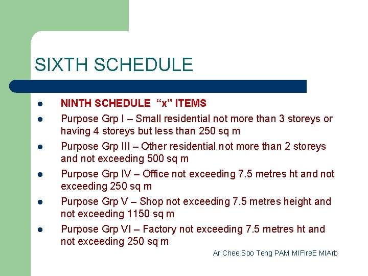 SIXTH SCHEDULE l l l NINTH SCHEDULE “x” ITEMS Purpose Grp I – Small