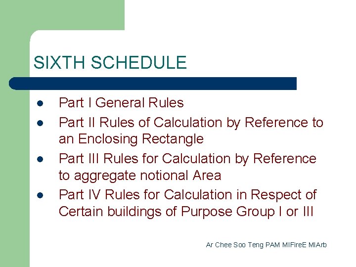 SIXTH SCHEDULE l l Part I General Rules Part II Rules of Calculation by