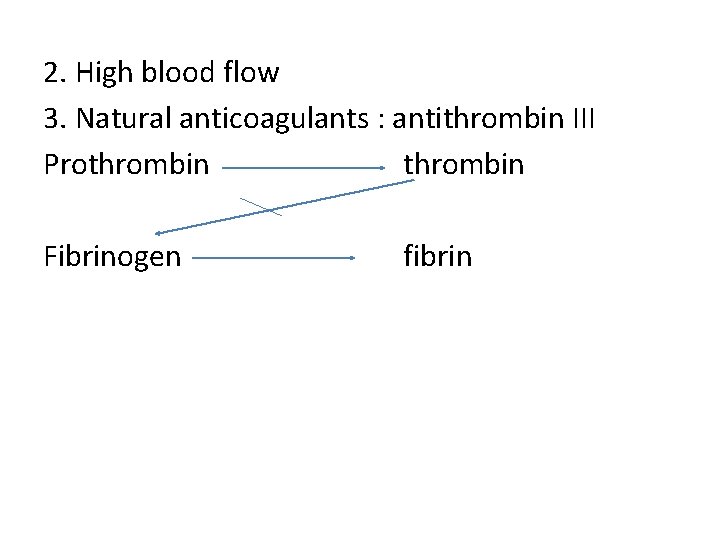 2. High blood flow 3. Natural anticoagulants : antithrombin III Prothrombin Fibrinogen fibrin 