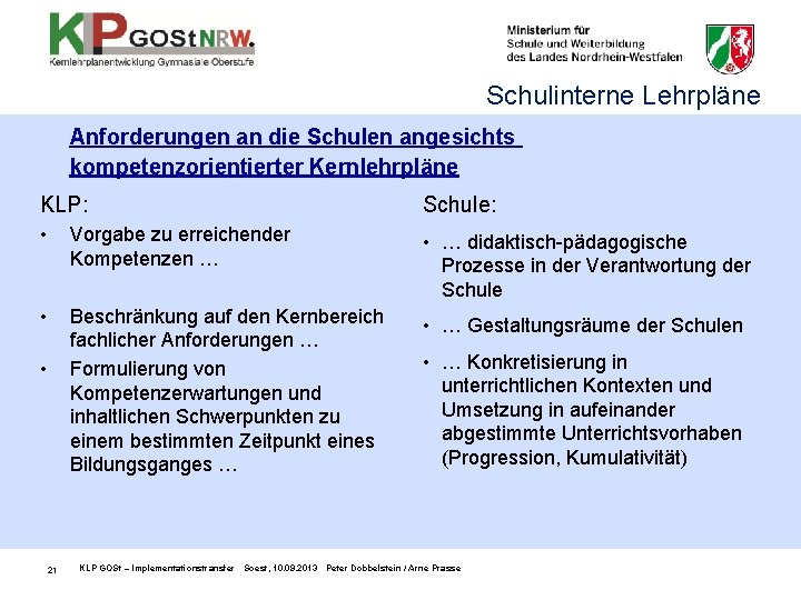 Schulinterne Lehrpläne Anforderungen an die Schulen angesichts kompetenzorientierter Kernlehrpläne KLP: Schule: • Vorgabe zu