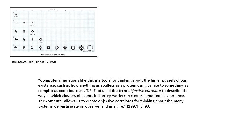 John Conway, The Game of Life, 1970. “Computer simulations like this are tools for