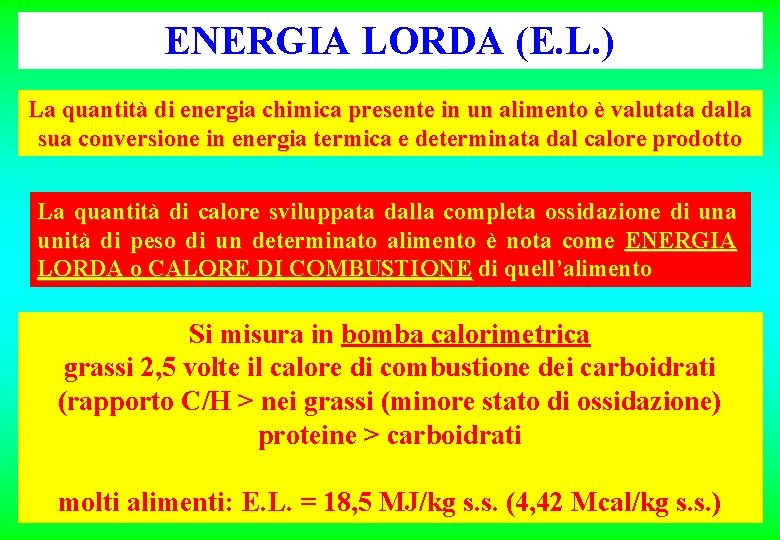 ENERGIA LORDA (E. L. ) La quantità di energia chimica presente in un alimento