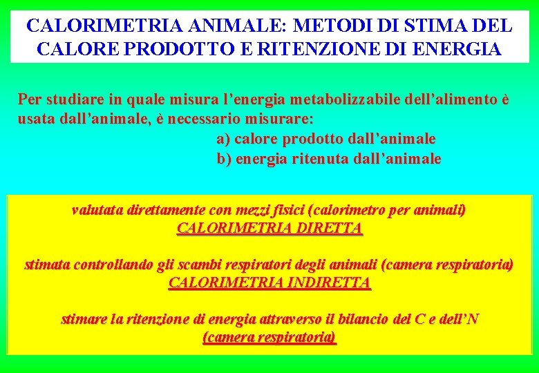 CALORIMETRIA ANIMALE: METODI DI STIMA DEL CALORE PRODOTTO E RITENZIONE DI ENERGIA Per studiare