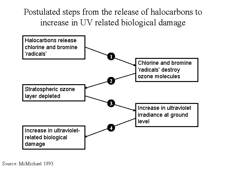 Postulated steps from the release of halocarbons to increase in UV related biological damage