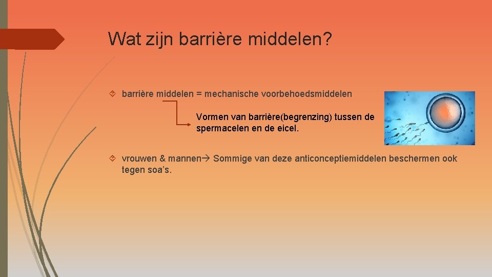 Wat zijn barrière middelen? barrière middelen = mechanische voorbehoedsmiddelen Vormen van barrière(begrenzing) tussen de