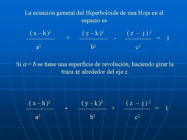 La ecuación general del Hiperboloide de una Hoja en el espacio es ( x