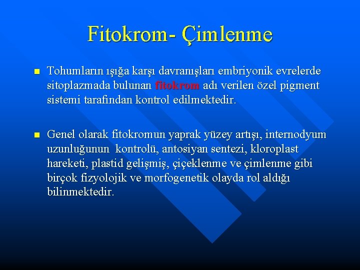 Fitokrom- Çimlenme n Tohumların ışığa karşı davranışları embriyonik evrelerde sitoplazmada bulunan fitokrom adı verilen