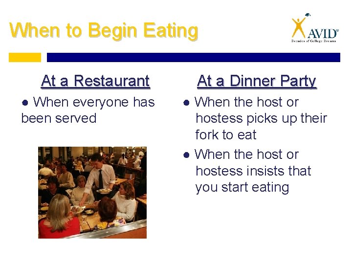 When to Begin Eating At a Restaurant ● When everyone has been served At