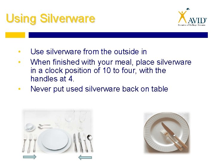 Using Silverware • • • Use silverware from the outside in When finished with