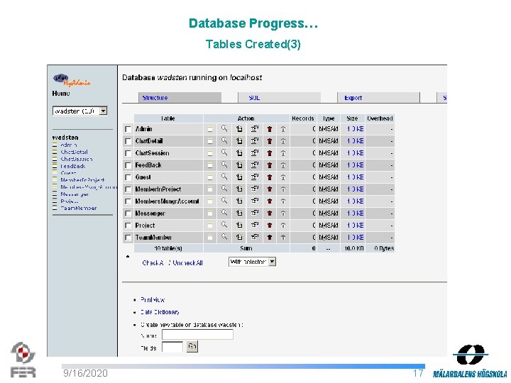 Database Progress… Tables Created(3) 9/16/2020 17 