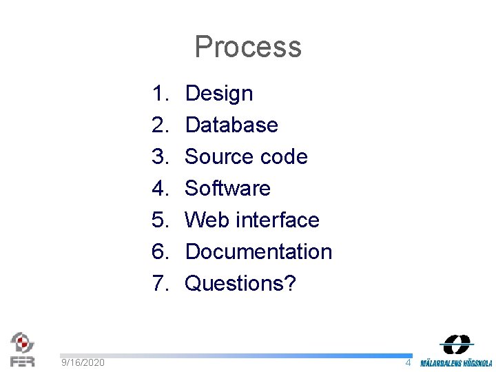 Process 1. 2. 3. 4. 5. 6. 7. 9/16/2020 Design Database Source code Software