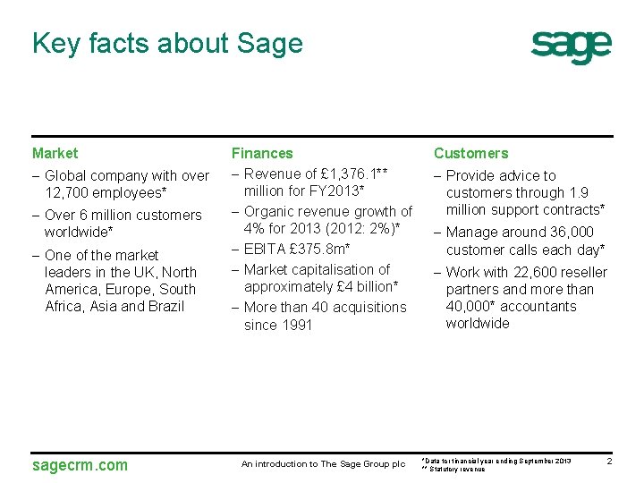 Key facts about Sage Market ‒ Global company with over 12, 700 employees* ‒