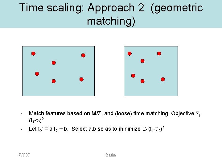 Time scaling: Approach 2 (geometric matching) • • Match features based on M/Z, and