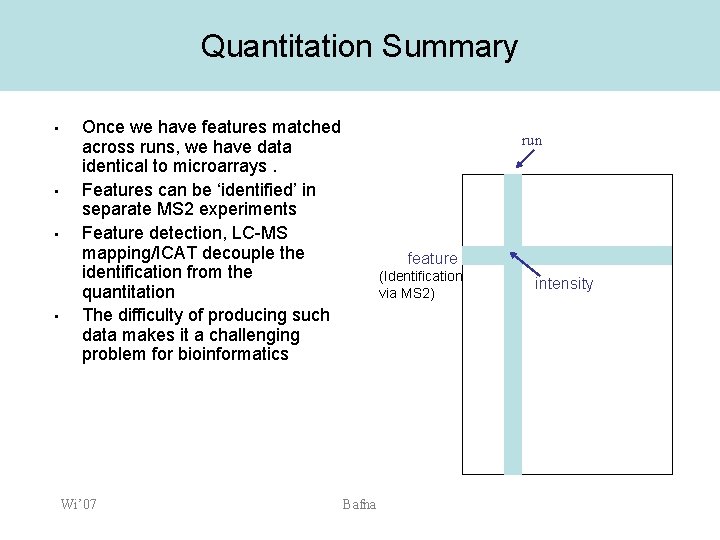 Quantitation Summary • • Once we have features matched across runs, we have data