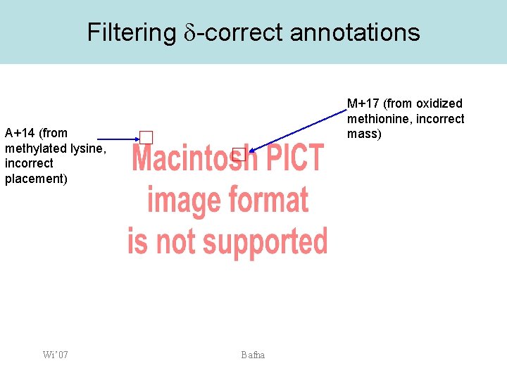 Filtering -correct annotations M+17 (from oxidized methionine, incorrect mass) A+14 (from methylated lysine, incorrect