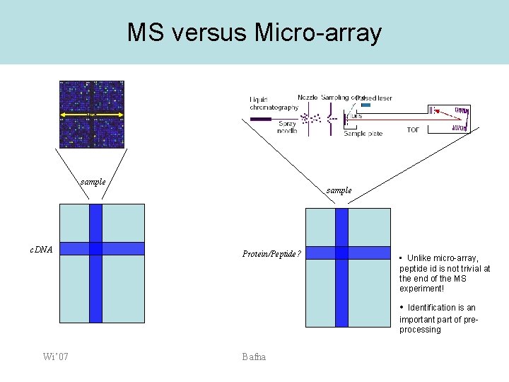 MS versus Micro-array sample c. DNA sample Protein/Peptide? • Unlike micro-array, peptide id is
