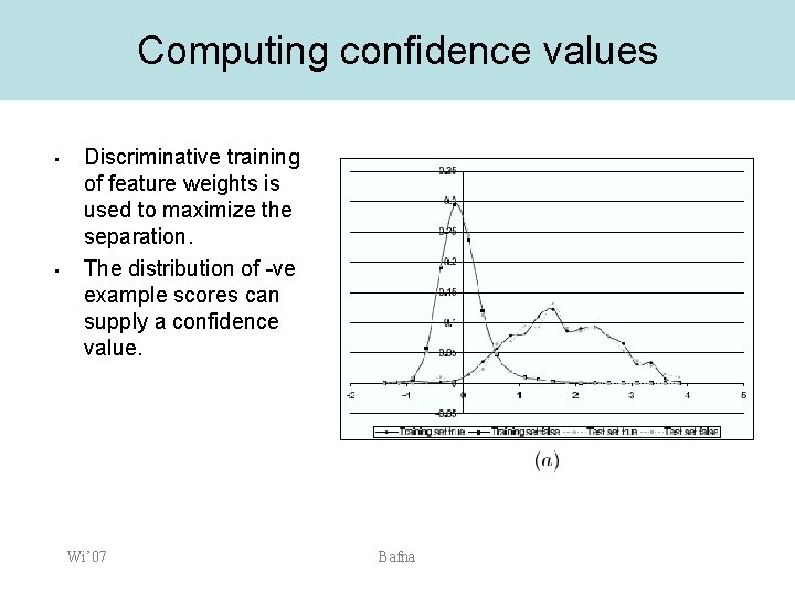 Computing confidence values • • Discriminative training of feature weights is used to maximize
