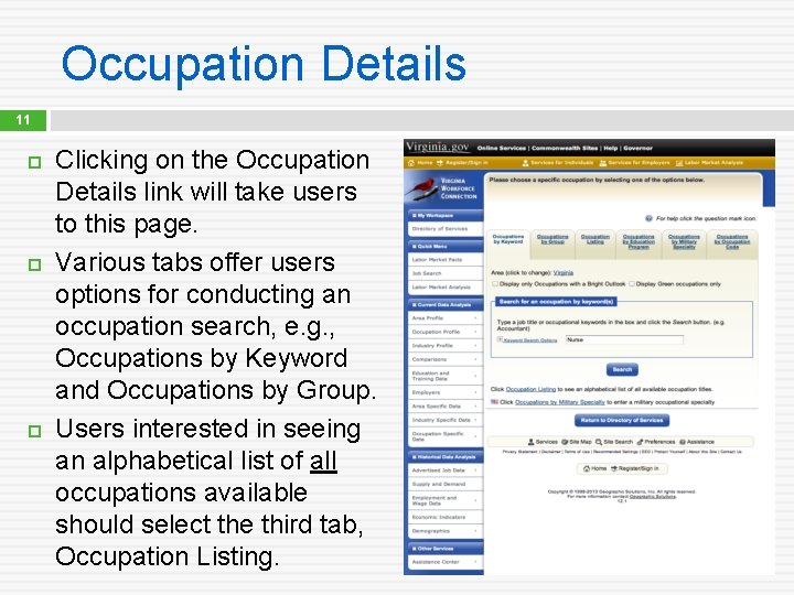 Occupation Details 11 Clicking on the Occupation Details link will take users to this