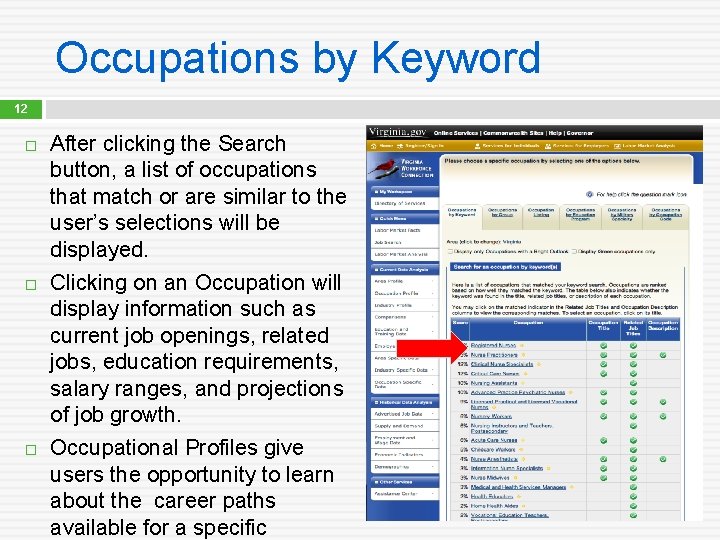 Occupations by Keyword 12 After clicking the Search button, a list of occupations that