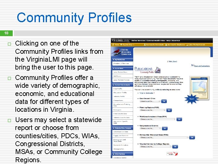 Community Profiles 18 Clicking on one of the Community Profiles links from the Virginia.