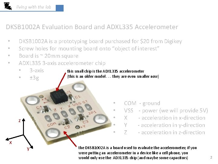 living with the lab DKSB 1002 A Evaluation Board and ADXL 335 Accelerometer •