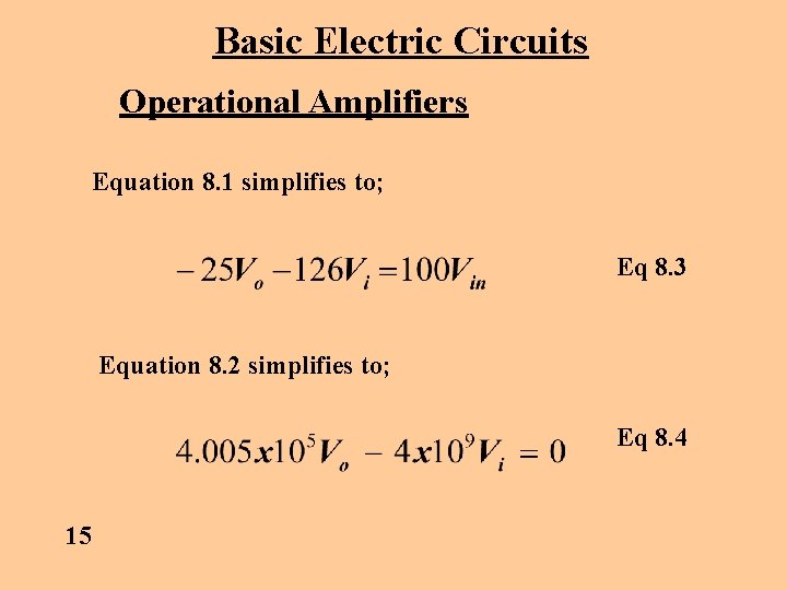 Basic Electric Circuits Operational Amplifiers Equation 8. 1 simplifies to; Eq 8. 3 Equation