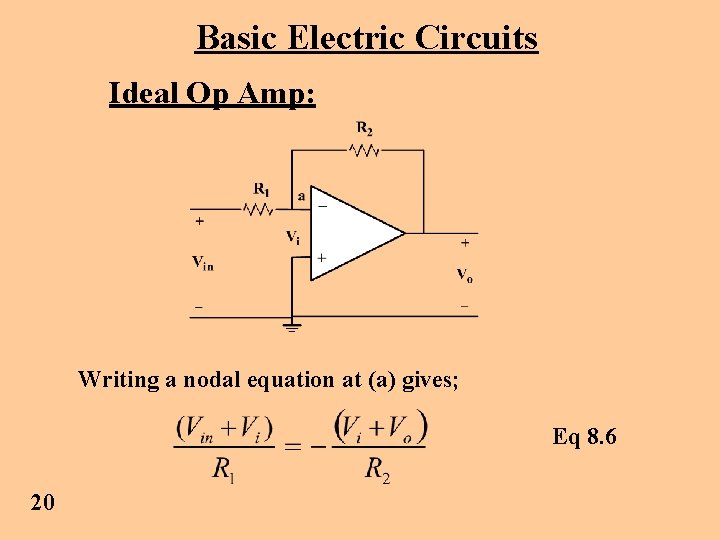 Basic Electric Circuits Ideal Op Amp: Writing a nodal equation at (a) gives; Eq