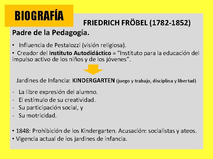 BIOGRAFÍA FRIEDRICH FRÖBEL (1782 -1852) Padre de la Pedagogía. • Influencia de Pestalozzi (visión