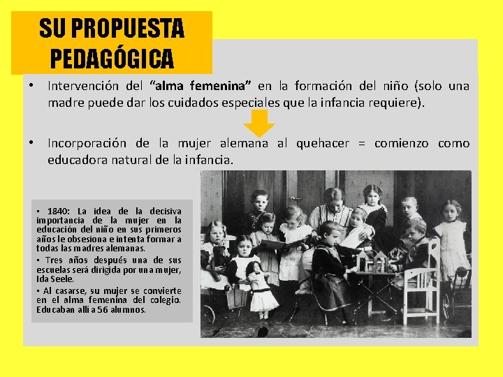 SU PROPUESTA PEDAGÓGICA • Intervención del “alma femenina” en la formación del niño (solo