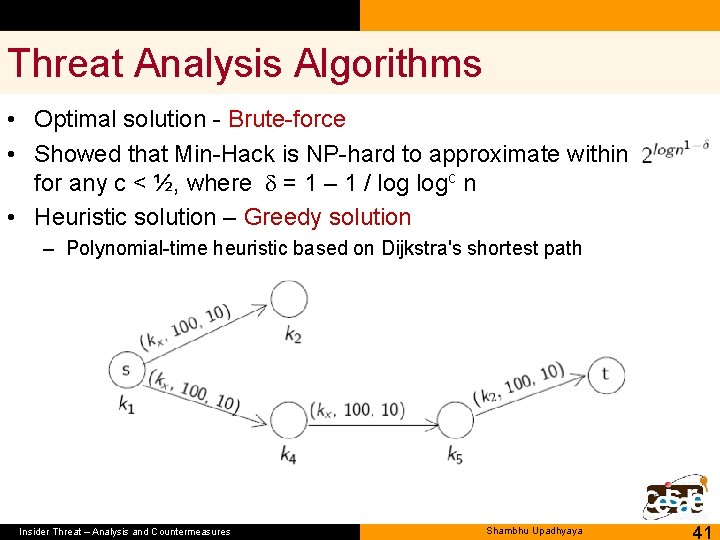 Threat Analysis Algorithms • Optimal solution - Brute-force • Showed that Min-Hack is NP-hard