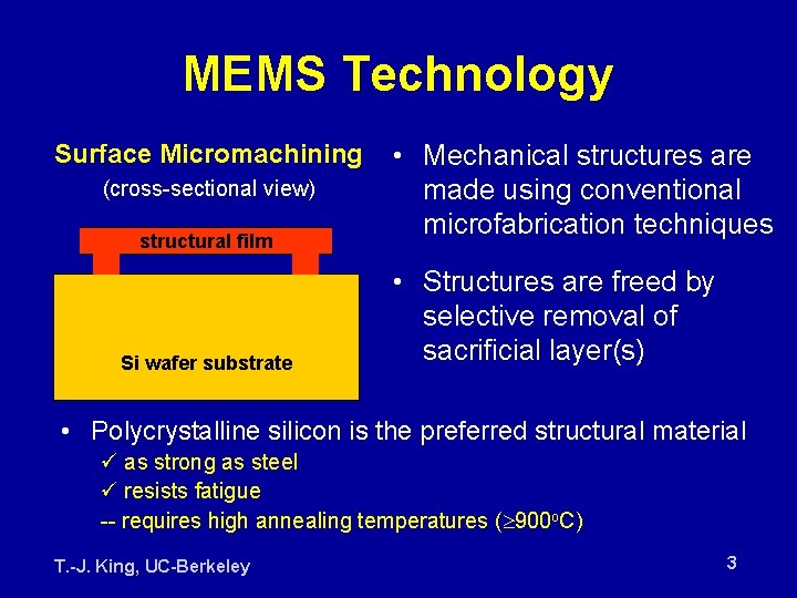 MEMS Technology Surface Micromachining (cross-sectional view) structural film sacrificial layer Si wafer substrate •