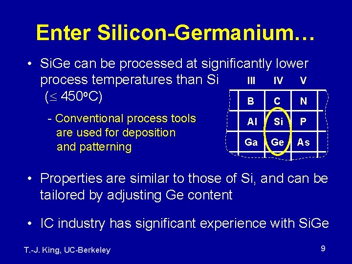 Enter Silicon-Germanium… • Si. Ge can be processed at significantly lower III IV V