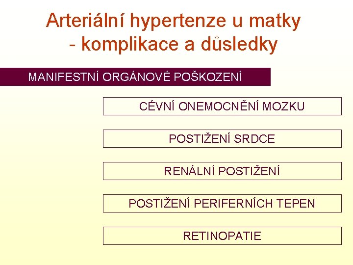 Arteriální hypertenze u matky - komplikace a důsledky MANIFESTNÍ ORGÁNOVÉ POŠKOZENÍ CÉVNÍ ONEMOCNĚNÍ MOZKU