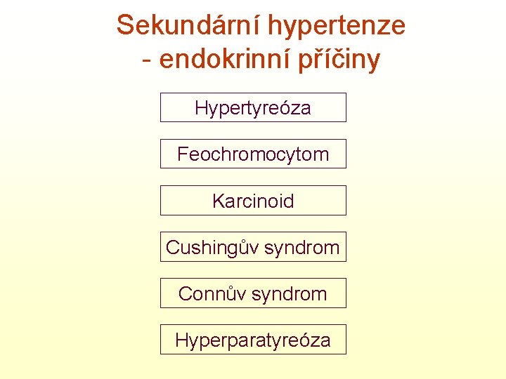 Sekundární hypertenze - endokrinní příčiny Hypertyreóza Feochromocytom Karcinoid Cushingův syndrom Connův syndrom Hyperparatyreóza 