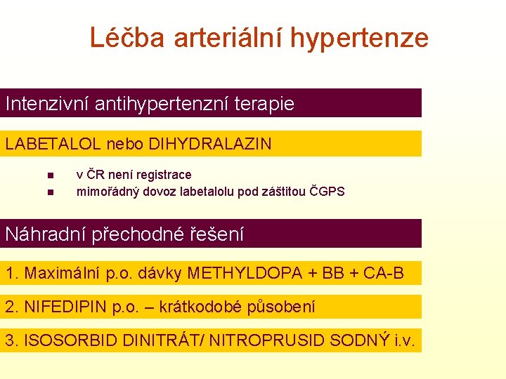 Léčba arteriální hypertenze Intenzivní antihypertenzní terapie LABETALOL nebo DIHYDRALAZIN n n v ČR není