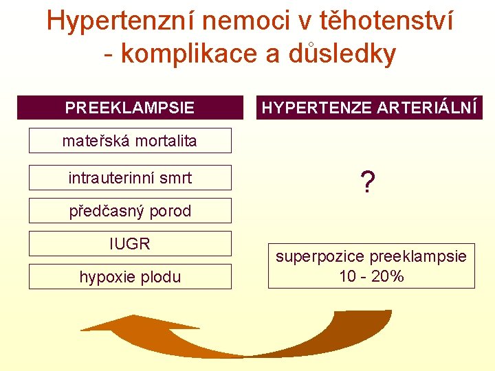 Hypertenzní nemoci v těhotenství - komplikace a důsledky PREEKLAMPSIE HYPERTENZE ARTERIÁLNÍ mateřská mortalita intrauterinní