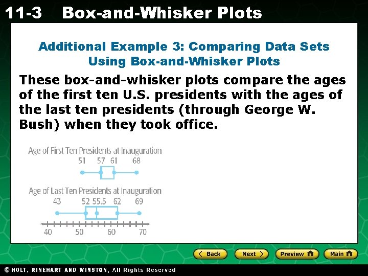 11 -3 Box-and-Whisker Plots Additional Example 3: Comparing Data Sets Using Box-and-Whisker Plots These