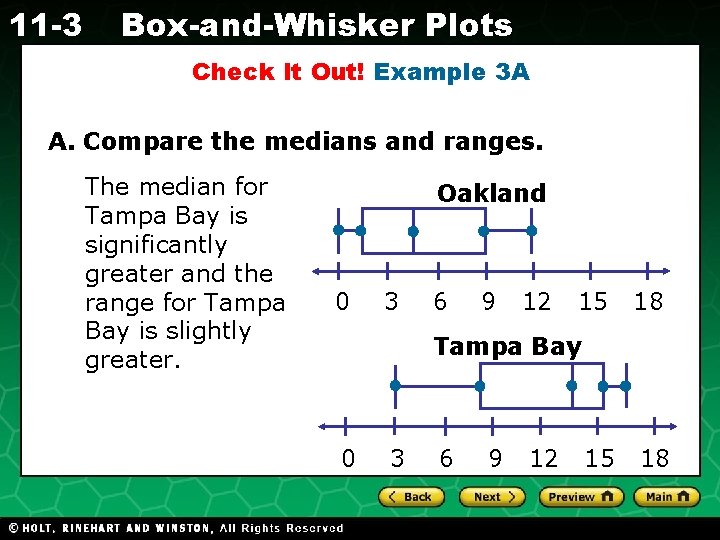 11 -3 Box-and-Whisker Plots Check It Out! Example 3 A A. Compare the medians