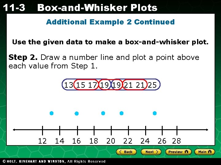 11 -3 Box-and-Whisker Plots Additional Example 2 Continued Use the given data to make