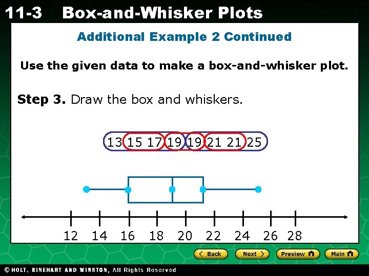 11 -3 Box-and-Whisker Plots Additional Example 2 Continued Use the given data to make