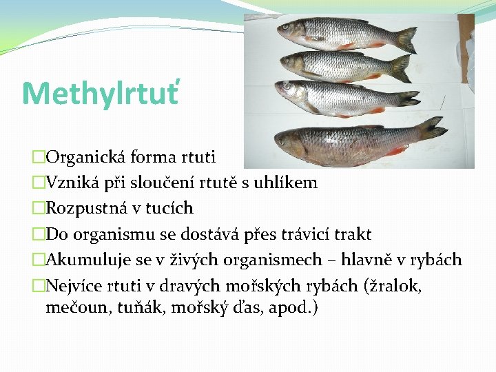 Methylrtuť �Organická forma rtuti �Vzniká při sloučení rtutě s uhlíkem �Rozpustná v tucích �Do