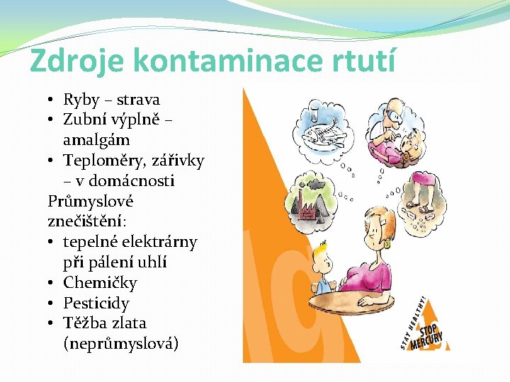 Zdroje kontaminace rtutí • Ryby – strava • Zubní výplně – amalgám • Teploměry,